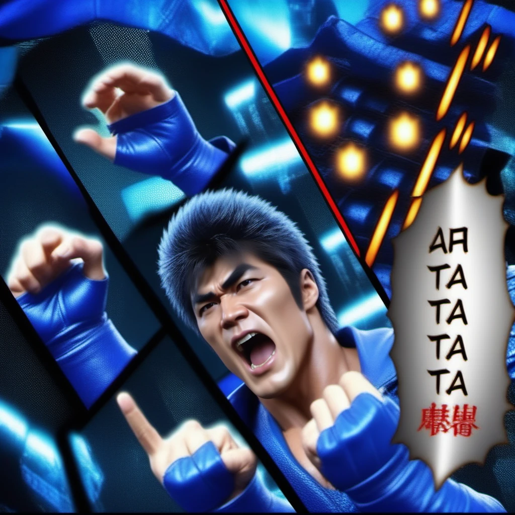 HokutoNoKen1024, a man with scares on the chest, blue leather suit, post apocalyptic background ,multiples punches, dramatic, highly detailed, photography, ultra sharp, film, bokeh, professional, 64k   <lora:HokutoNoKen1024:0.8>