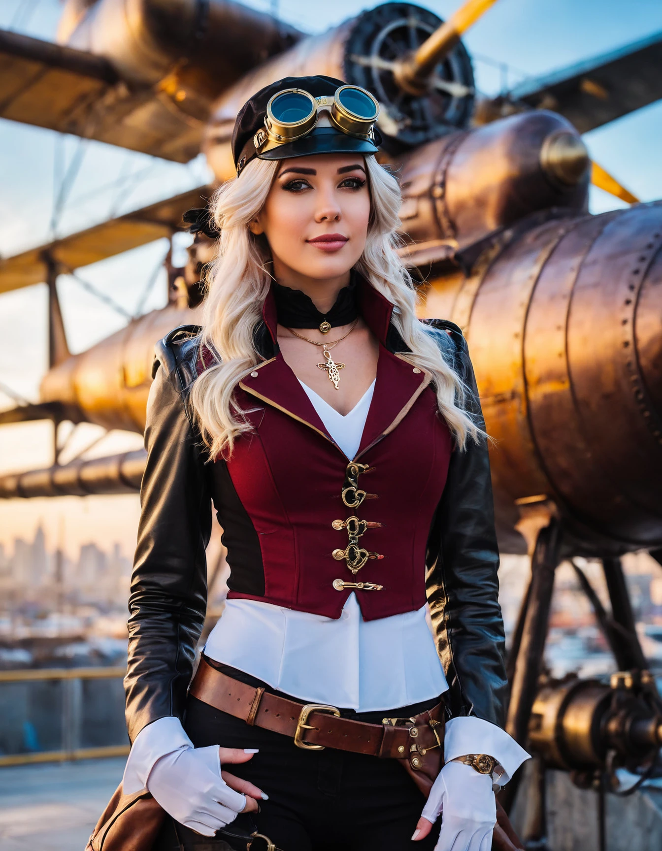 cinematic photo (full height:1.3), a beautiful (((ohwx woman))) As a steampunk aviator, adorned in leather and brass, goggles rested on her forehead, standing confidently next to a steam-powered flying machine. The city skyline dotted with zeppelins forms the backdrop., inspired by Krenz Cushart, neoism, kawacy, wlop, gits anime,A wavy bob, pulled back with a steampunk-inspired hair accessory., <lora:alanah_dh128_sdxxxl_v1-step00008000:1> . 35mm photograph, film, bokeh, professional, 4k, highly detailed