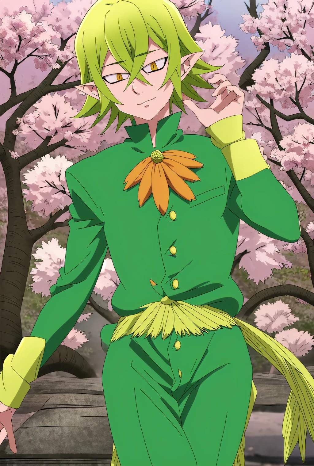 masterpiece, best quality, high quality, 1boy, solo, male focus, green hair, pointy ears, yellow eyes, black pants, <lora:HELBRAM:1>, sakura, sakura trees, kimono