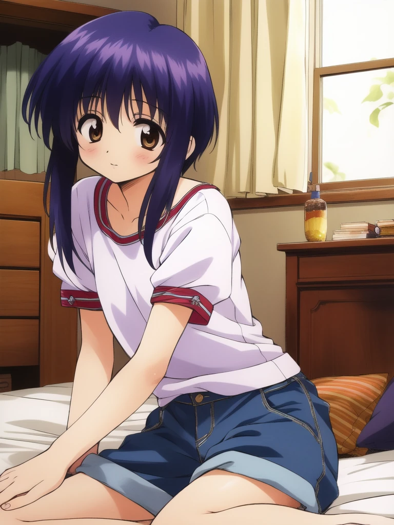 <lora:Yuichi:0.8>Yuichi, dark_blue hair, brown eyes, short hair, long locks, 1boy, otoko no ko, solo, short sleeve, cowboy Shot,ãsit,
home in the room, bed,
masterpiece, high quality, very_high_resolution, large_filesize,