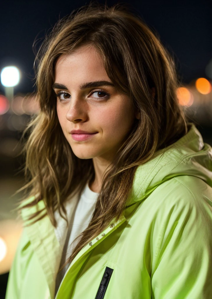 <lora:emwts-long hair-medium length hair-brown hair-smile-collected hair21:1> emwts, brown hair,medium length hair,close-up,canon powershot,extreme dof,wearing parka,neon lights,at park,bokeh,soft lighting,masterpiece,(nighttime:1.3) ,<lora:add_detail:1> (add_detail:1.3)