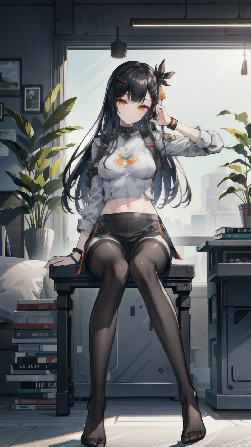 masterpiece,(photorealistic:1.4),best quality,high quality,highres,game cg,
beautiful lighting,(ulzzang-6500:0.5),
girls2zf_jj,1girl,bike shorts,black hair,black shorts,blinds,book,brown eyes,brown legwear,computer,feet,hair ornament,hairclip,indoors,leaf,long hair,monitor,navel,orange eyes,palm tree,pantyhose,phone,photo \(object\),picture frame,plant,potted plant,sitting,skirt,soles,solo,tablet pc,tanabata,tanzaku,wristband,
<lora:girls2zf_jj:0.6>,
(front view,dutch angle:1.3),
(backlighting:1.2),
blurry background,blurry,depth of field,
<lora:add_detail:0.5>,