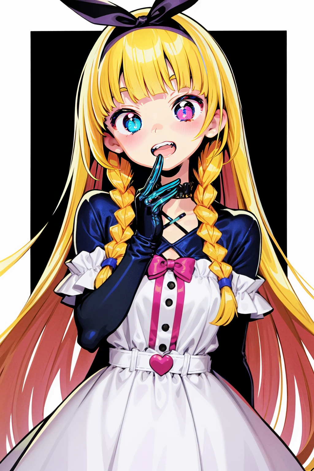 1girl, blonde hair, long hair, solo, dress, gloves, blue eyes, heterochromia, open mouth, braid, looking at viewer, smile, blush, hairband, black gloves, virtual youtuber, watch, bangs, pocket watch, teeth, purple eyes<lora:Dohna_V73:1>