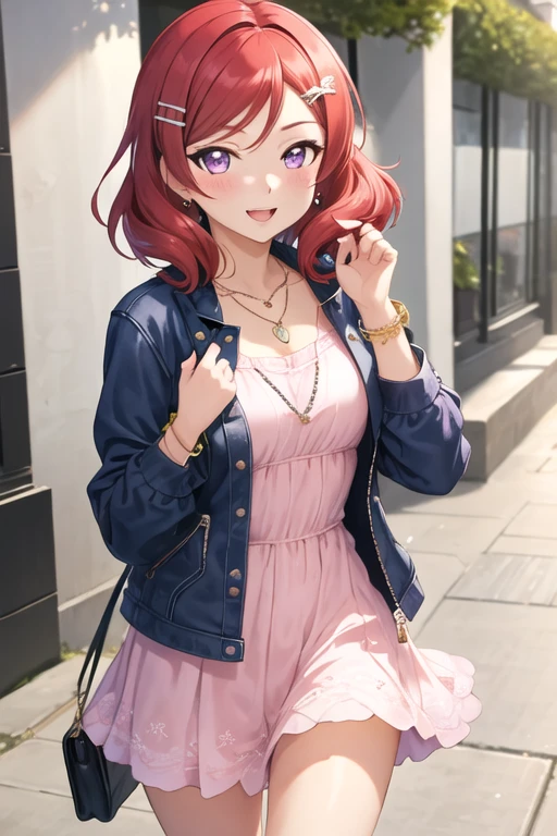 best quality, masterpiece, highres, solo, {nishikino_maki_lovelive:1.15}, red_hair, purple_eyes, blush, short_hair, smile, 1girl, jewelry, necklace, hair_ornament, hairclip, bangs, bracelet, dress, hair_twirling, jacket, looking_at_viewer, medium_hair, open_mouth