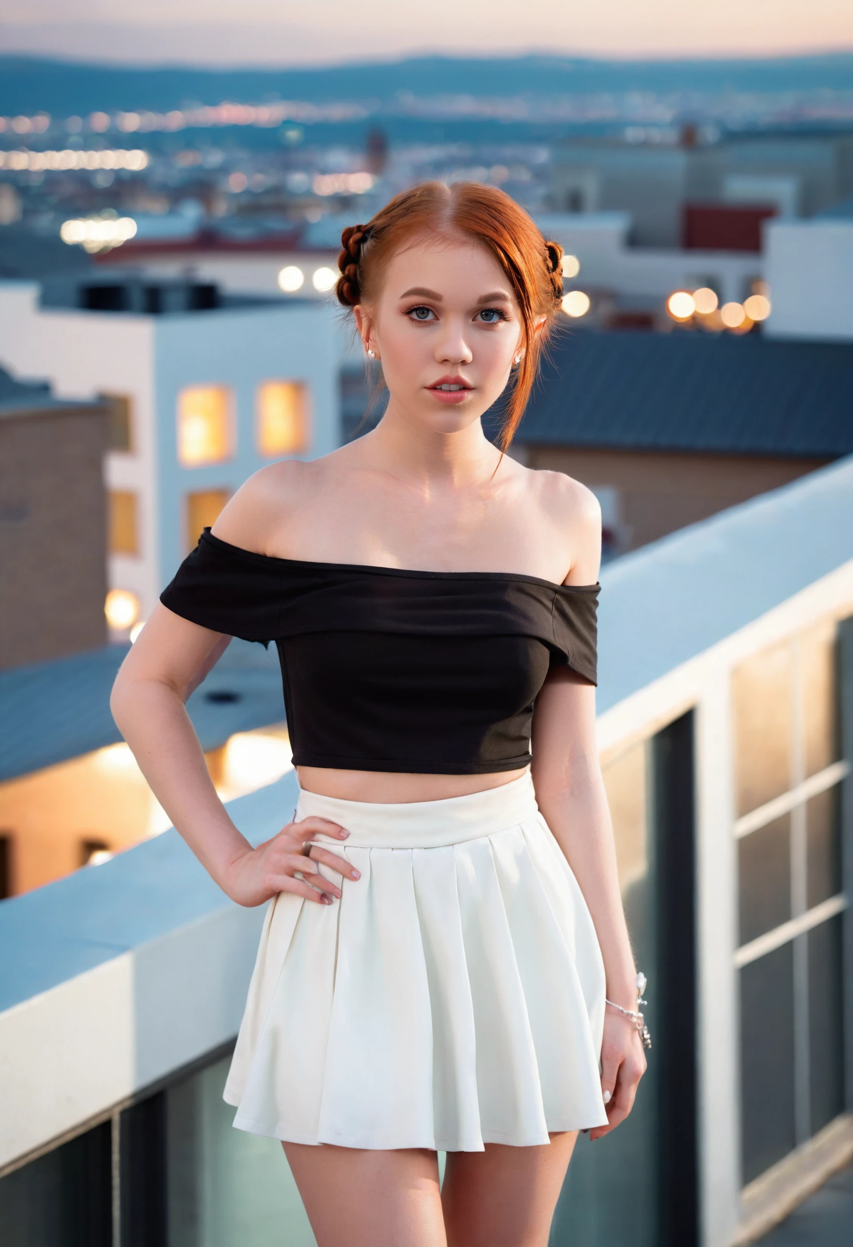 cinematic photo  <lora:DollyLittle_SDXL_v2.0:1> 
professional photography, symmetrical front shot, portrait, full body shot in a fashion photo of a gorgeous young ohwx woman, 
Off shoulder top,	A-line skirt,	Heels,	Choker necklace,	arms by side and Hand on hip,	Smize expression,	Braided pigtails,	City rooftops, blurred background,	High key light,	in style of Bruce Weber . 35mm photograph, film, bokeh, professional, 4k, highly detailed