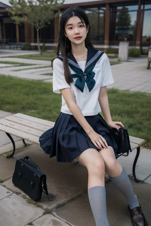 ltra-detailed,highly detailed,best quality,masterpiece,illustration,realistic,photorealistic,
serafuku, 1girl, solo,
school uniform, short sleeves shirt, sailor collar, pleated skirt, kneehighs, loafers,
hair ribbon, bowtie,
long hair, bangs,
full body, looking at viewer, sitting on bench,
outdoors, day,photo background,wind,school courtyard,
<lora:serafuku_v1_10:0.9>