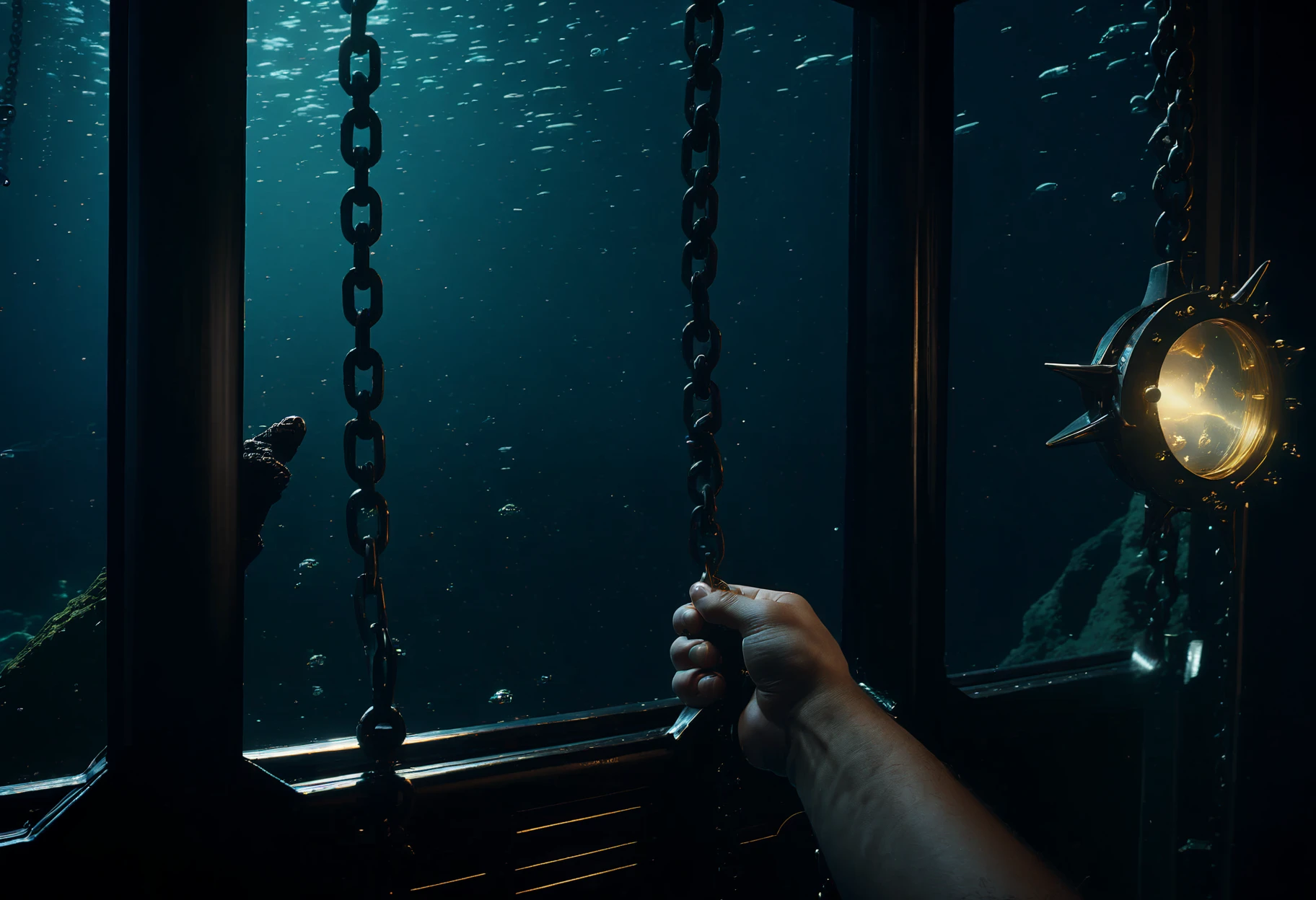 cinematic film still a person in an underwater room holds a handle, chains and spiked buoys, POV shot, Rapture interior, chain, underwater, air_bubble, POV shot . shallow depth of field, vignette, highly detailed, high budget, bokeh, cinemascope, moody, epic, gorgeous, film grain, grainy