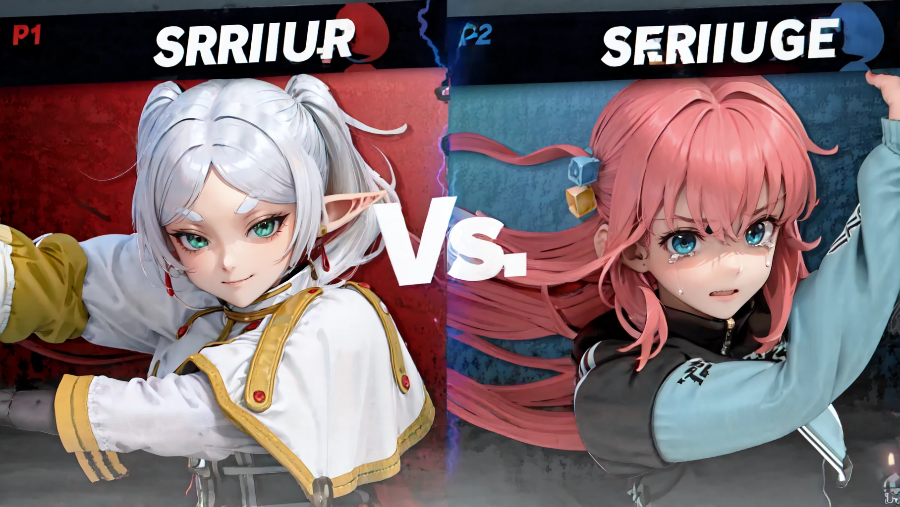 IncrsSSBUVS, <lora:SSBUVSScreen:0.45>, epic pose,
BREAK, FrierenBase, twintails, earrings, white capelet, striped shirt, <lora:Char_FBJE_Frieren:1>, smirk,
BREAK, gotohdef, one side up, cube hair ornament, pink jacket, track jacket, <lora:Char_BocchiTheRock_HitoriGotoh:1>, crying,