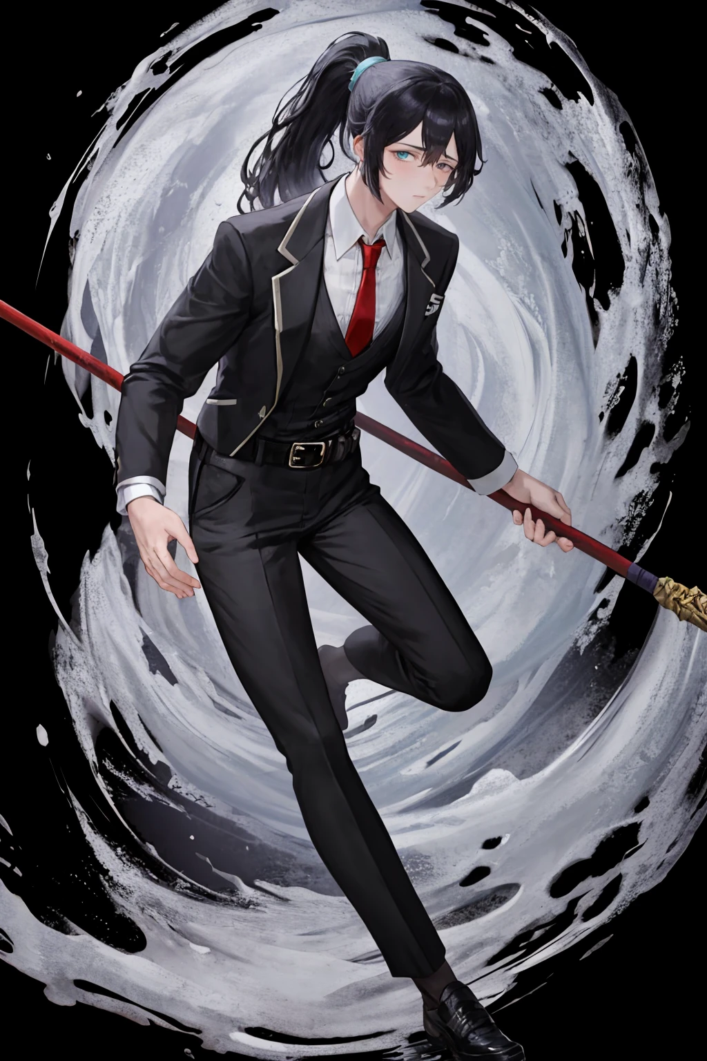 masterpiece, best quality, 1boy, male focus, solo, <lora:honglu-lc-richy-v1:1> honglu, ponytail, grey eyes, heterochromia, looking at viewer, from side, holding polearm, polearm, full body, black pants, belt, red necktie, suit, formal, black jacket, <lora:FEH_Concept_v2:1> (black background, simple background:1.3)