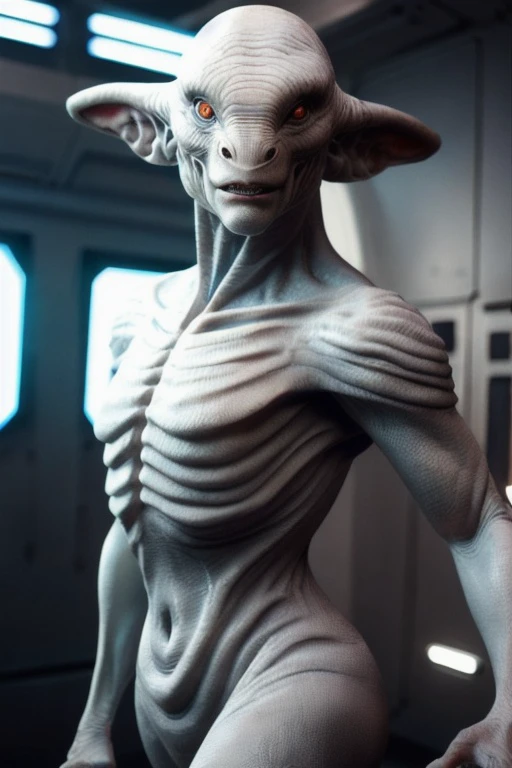 hyper realistic candid photo of a husk bald kuv beluga alien monster, looking at viewer, scifi space station, standing, dynamic pose, analog style, masterpiece, heartbroken, dutch angle, portrait+, cinematic