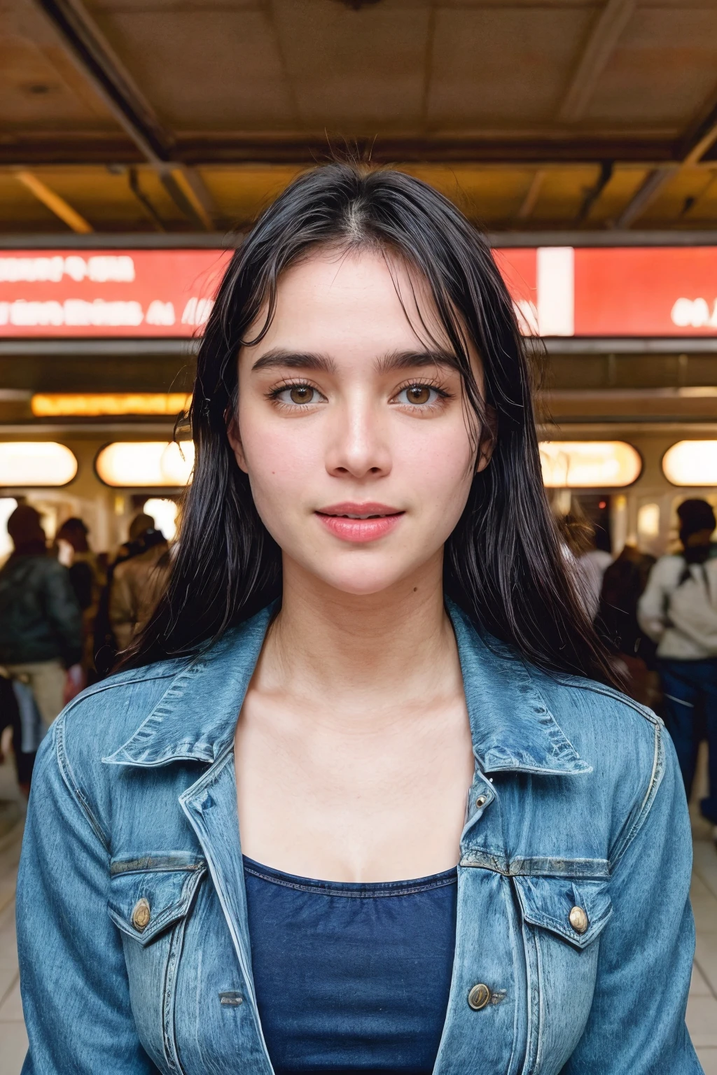 Candid Photography photo of <lora:PHM_-_Kim_Domingo_LoRA:1> kimdomingo, black hair, Surprised, Wide-open eyes, a raised brow, and an open mouth., (Denim jacket, maxi skirt, sandals), upper body, (train station, bustling platform, departure boards, travel hub), soft lighting, Crane Shot, shot on Sony VeniceCanon EOS C500 Mark II with Cooke S4/i 100mm T2,in style of Paul Strand, <lora:ReaLora:.2> <lora:PAseer-SD15-LCM Quick:1> <lora:add_detail:0.5>