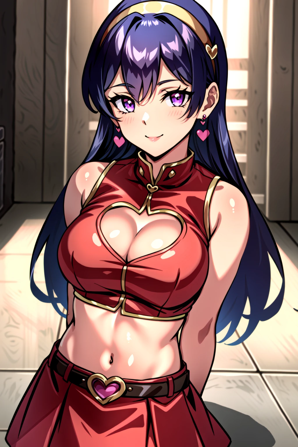 (anime coloring),(masterpiece),(best quality),(ultra-detailed),(best illustration),(best shadow),(absurdres), <lora:OGT_Athena_Asamiya-v1:0.7> Athena Asamiya, 1girl, breasts, solo, purple hair, long hair, navel, purple eyes, gloves, heart, cleavage, skirt, white gloves, earrings, large breasts, jewelry, midriff, hairband, clothing cutout, crop top, cleavage cutout, looking at viewer, bare shoulders, smile, belt, sleeveless, hair ornament, red skirt, arm behind back, heart cutout