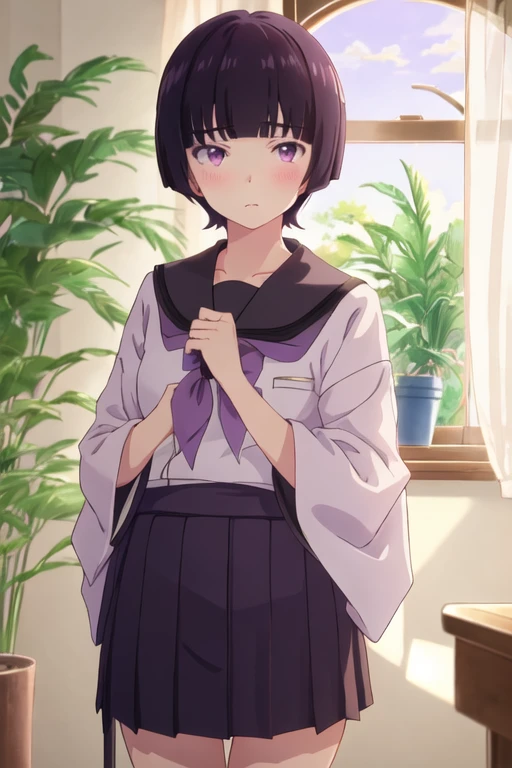 best quality, masterpiece, highres, solo, {senju_muramasa_eromangasensei:1.15}, short_hair, blush, purple_hair, bangs, blunt_bangs, purple_eyes, black_hair, 1girl, curtains, indoors, school_uniform, serafuku, plant, window