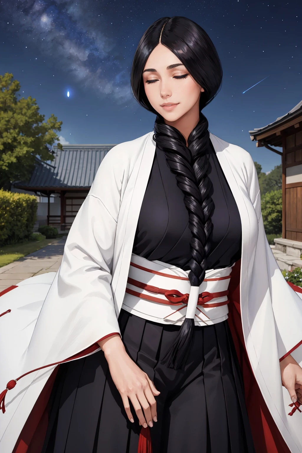 masterpiece, best quality, <lora:unohanaretsu-nvwls-v1-000009:0.9> unohana retsu, single braid, white coat, black kimono, black skirt, night sky, large breasts, mature female, garden, night sky, closed eyes, smile, cowboy shot, dynamic pose