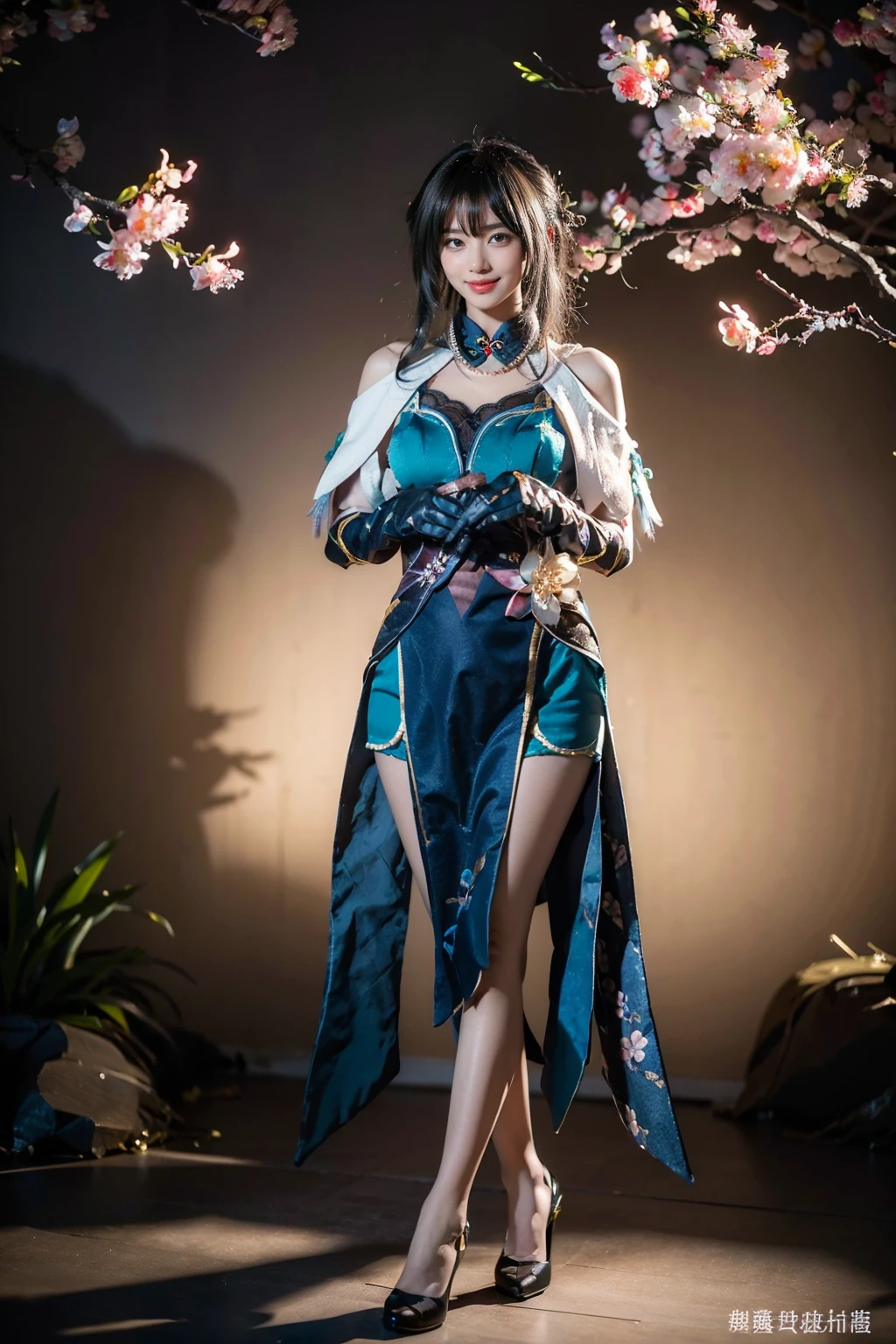 best quality, masterpiece, photorealistic, 1girl, solo, standing, full body, looking at viewer, smile, closed mouth, bangs, hair between eyes, ruanmei cosplay costume, china dress, chinese clothes, cosplay, ruanmei, dress, gloves, elbow gloves, hair ornament, jewelry, high heels, chinese garden, tree, flower, plum blossom, night, <lora:starrail_Ruanmei_cosplay_v1:0.7>