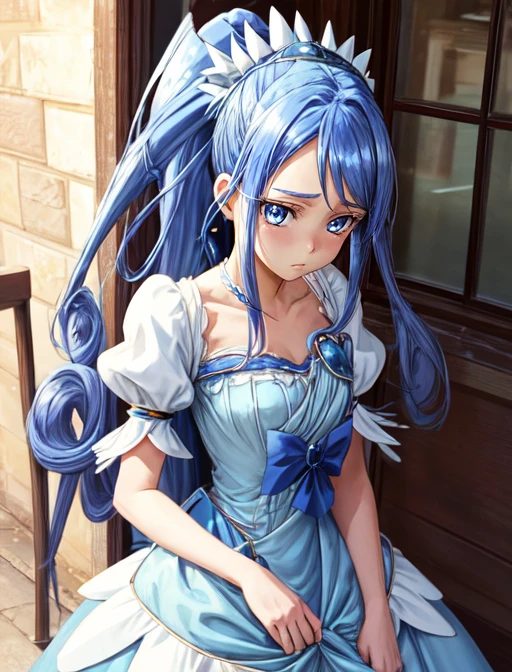 best quality, masterpiece, highres, detailed, digital illustration, <lora:Tools - add_detail:0.2>, CureDiamond, blue hair, headdress, ponytail, blue eyes, long hair, heart brooch, puffy sleeves, blue dress, <lora:Character - CureDiamond:0.8>,shy, colosseum