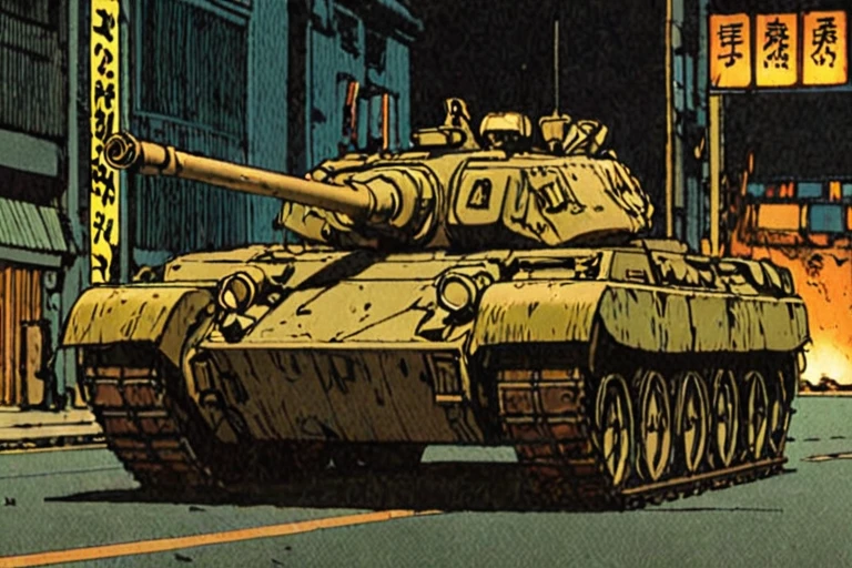 Comic panel illustration of a tank on the streets of new tokyo at night, akira style <lora:Akira_Style_XL>
