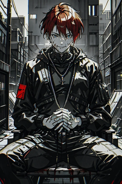 best quality,masterpiece,1boy,sitting,evil smile,outdoors,cyberpunk,(chromatic aberration), red hair,science fiction,blood,monochrome,<lora:XenotripStyle16:0.65>
