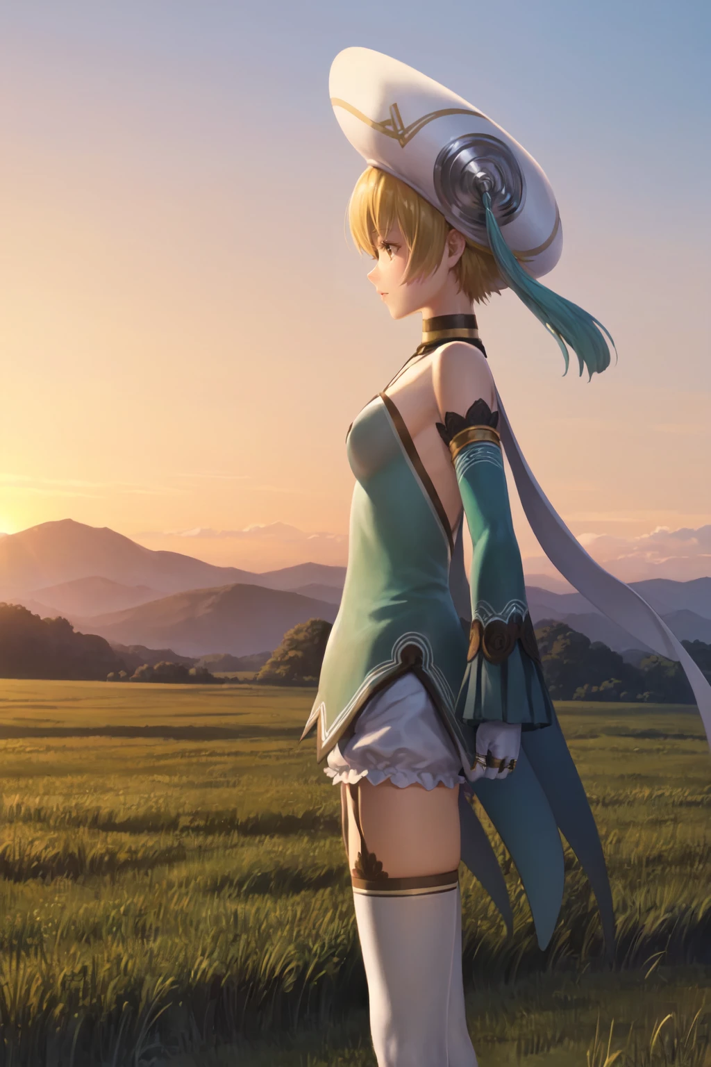 atolih, 1girl, solo, hat, choker, cape, halterneck, detached sleeves, white gloves, white bloomers, garter straps, thighhighs, bare shoulders, from side, profile, ring, field, mountain, cloud, sky, sunset <lora:atolih_V2-10:0.75>