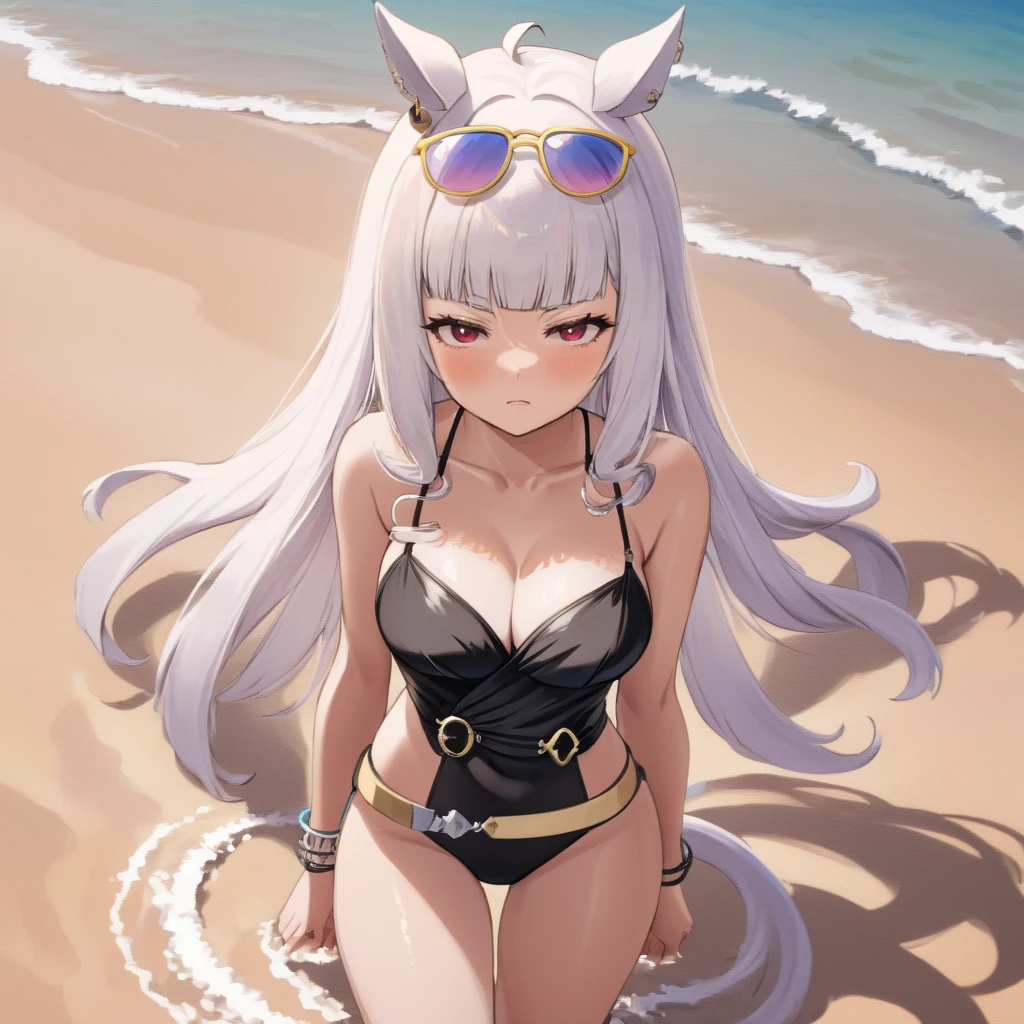 A masterpiece anime professional digital art of a uma musume woman GoldShip standing on sand exhausted wearing swimsuit, white hair, tall and strong <lora:goldship_xl-000040:1>