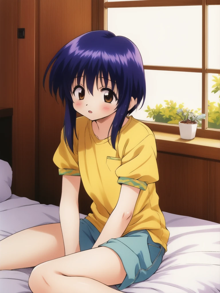 <lora:Yuichi:0.8>Yuichi, dark_blue hair, brown eyes, short hair, long locks, 1boy, otoko no ko, solo, short sleeve, cowboy Shot,ãsit,
home in the room, bed,
masterpiece, high quality, very_high_resolution, large_filesize,