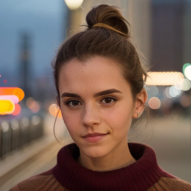 <lora:emwts-long hair-medium length hair-brown hair-smile-collected hair21:1> emwts, brown hair,ponytail,close-up,wearing sweater,city street,night,bokeh,dof,soft lighting,masterpiece