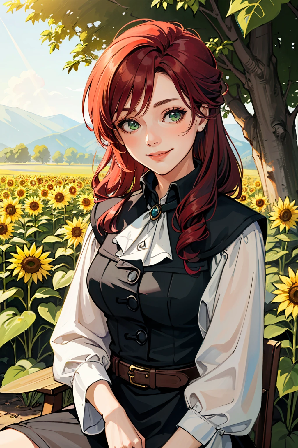 ((ultra detailed, masterpiece, best quality))
 <lora:ACUElise:0.9>
ACUElise, 1girl, solo, red hair, green eyes, sitting in a sunflower field, smiling, sunlight