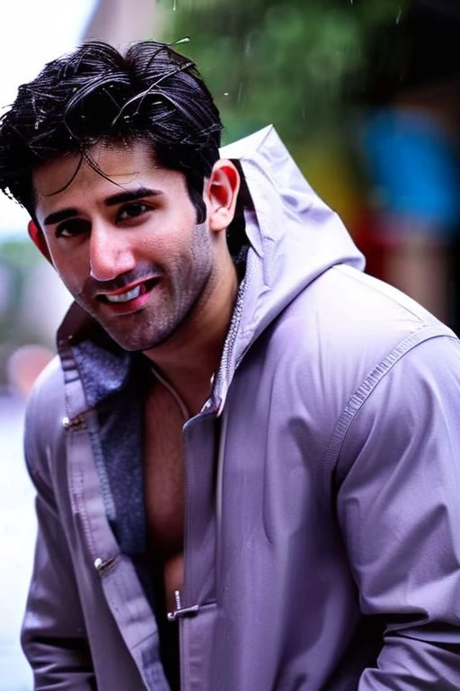 Gilles Marini a man <lora:varun-sood_Gilles-Marini:1>, wearing a rain coat, crop top, city street, bokeh, homoerotic, rainy day,