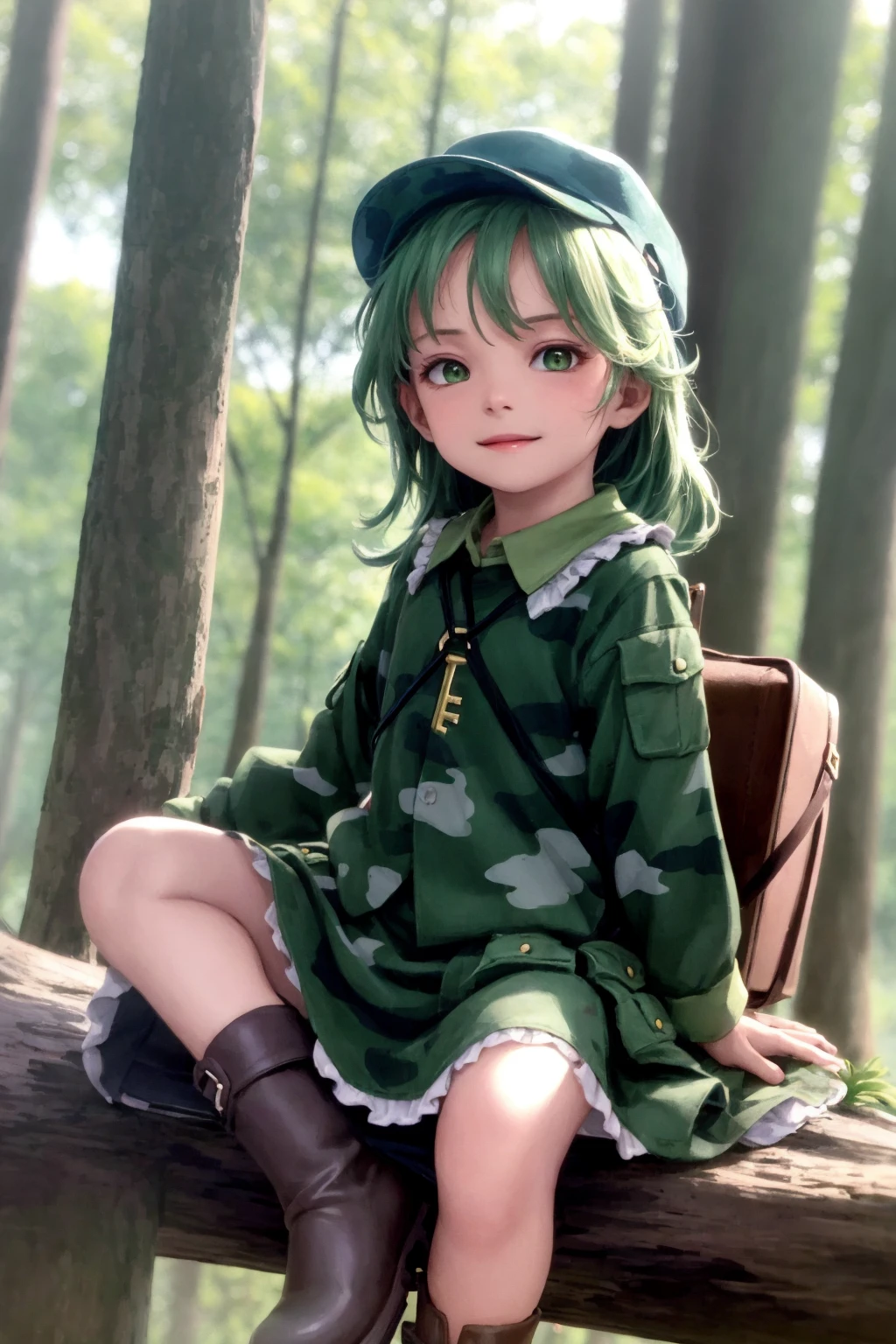 masterpiece, best quality, <lora:YamashiroTakane:1>,
1girl, green hair, solo, hat, nature, forest, boots, camouflage, skirt, tree, green eyes, smile, frills, outdoors, green shirt, brown footwear, shirt, flat cap, blurry, bangs, holding, green headwear, hair between eyes, sitting, green skirt, key, medium hair, day, long sleeves, looking at viewer, camouflage jacket, closed mouth, open mouth, sleeves rolled up, blue headwear, jacket, bag