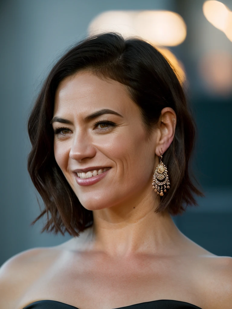 Realistic photo of a beautiful m4gg13s woman, 1girl,solo,smile,short hair,brown hair,black hair,dress,brown eyes,jewelry,earrings,nail polish,grin,black dress,hand on hip,cover,ring,realistic,magazine cover,soft lighting, professional Photography, Photorealistic, detailed, RAW, analog, sharp focus, 8k, HD, high quality, masterpiece<lora:m4gg13s:1.0>