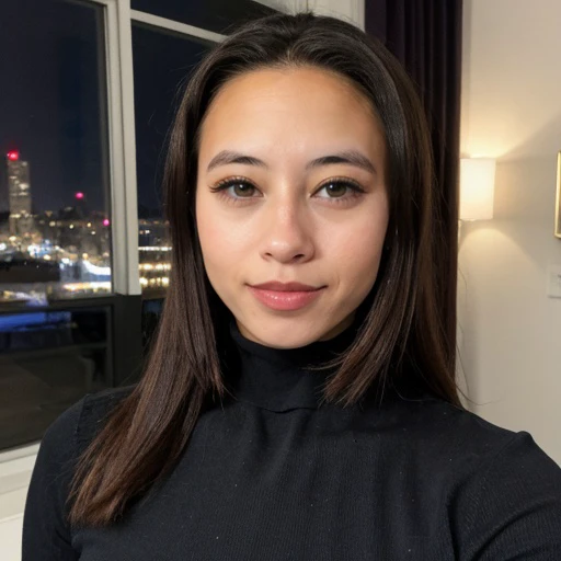 <lora:cosmickayla_sd15_512_128_64_v1:1>cosmickayla,1girl,looking at viewer, new years eve party fireworks in background, wearing a turtleneck sweater