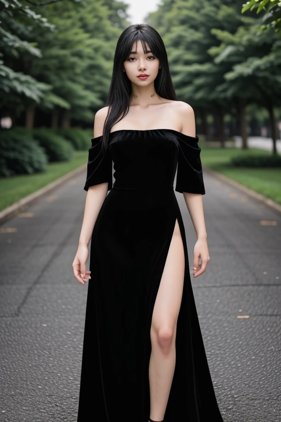 1woman, black hair, center parted long hair, realistic, masterpiece, high detailed skin, wearing random dress, looking at viewer, outdoor view, solo, full body shot
velvet off shoulder long black dress, side slit <lora:Black_Velvet_Dress_By_Stable_Yogi:0.8>