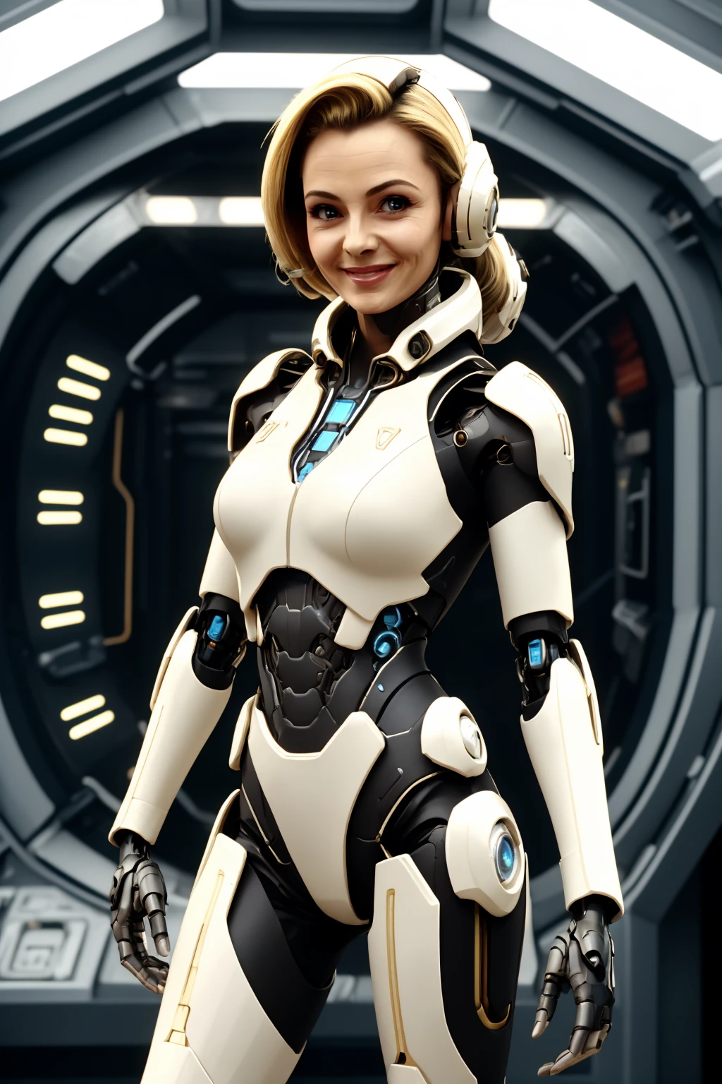 sci-fi, a cute cyborg girl at space ship, smiling, waist up, blond