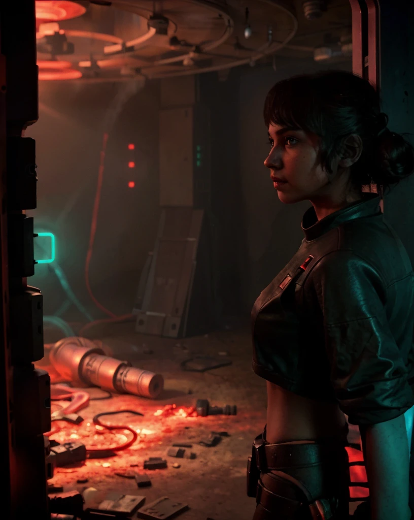starwars outlaws , a person standing in a room with a red light, 1girl, ground vehicle, building, scenery, science fiction, neon lights , <lora:StarWars_Outlaws_Style-SD15:0.75>