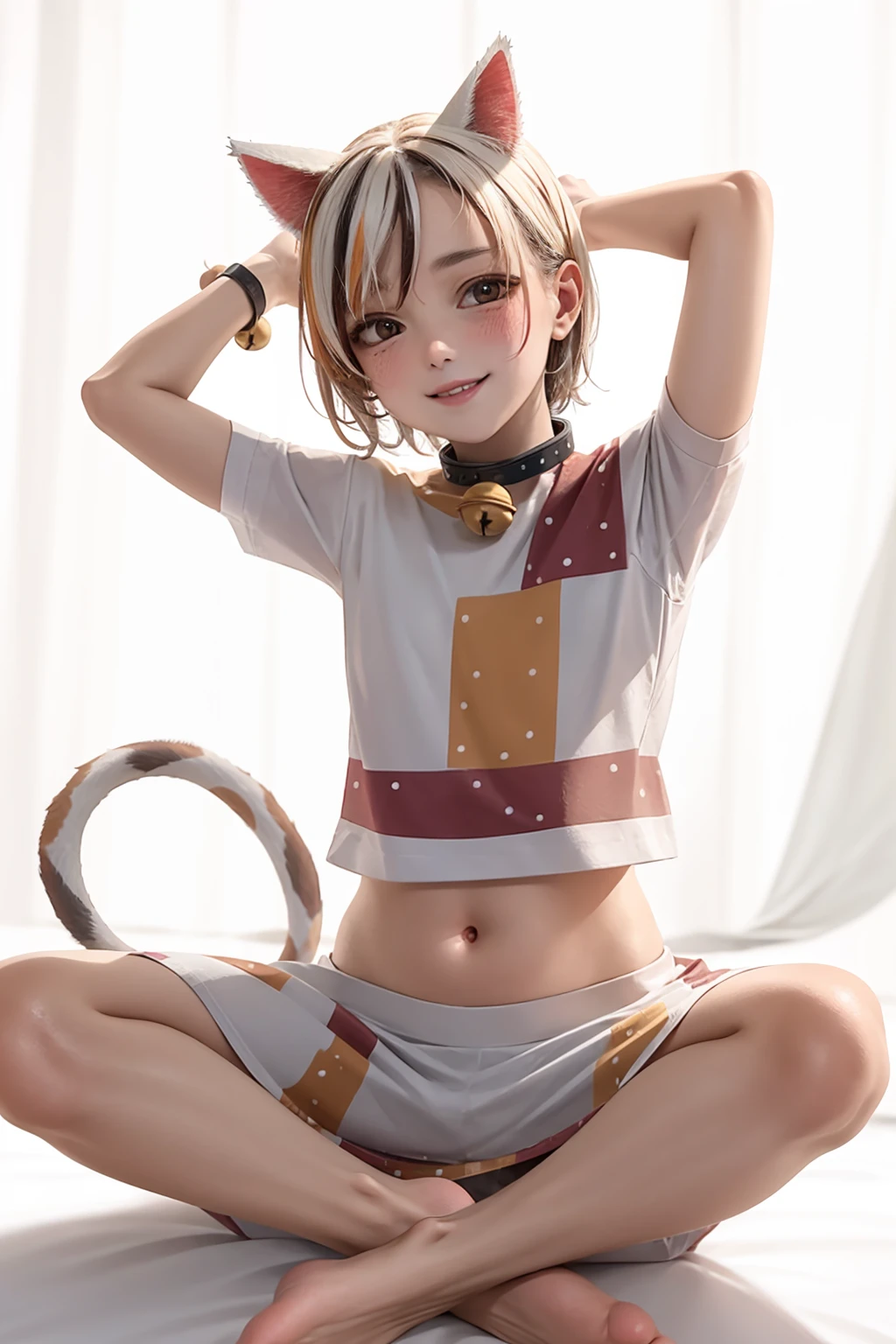 masterpiece, best quality, <lora:GodoukujiMike:1>,1girl, barefoot, feet, animal ears, soles, foot focus, tail, cat ears, toes, cat tail, multicolored hair, bell, arms behind head, navel, solo, white hair, midriff, short hair, foreshortening, neck bell, simple background, skirt, looking at viewer, streaked hair, white background, jingle bell, crop top, bangs, breasts, orange eyes, arms up, smile, short sleeves, cat girl, multicolored shirt, medium breasts, bare legs, multicolored clothes, collar, patch, shirt, blush, full body, maneki-neko, legs, multicolored skirt