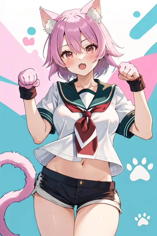 best quality, masterpiece, highres, solo, {tama_kantaicollection:1.15}, short_hair, red_eyes, pink_hair, serafuku, blush, purple_hair, hair_between_eyes, breasts, 1girl, animal_ears, cat_ears, school_uniform, kemonomimi_mode, looking_at_viewer, tail, cat_tail, neckerchief, shorts, paw_pose, sailor_collar, fang, open_mouth, short_sleeves
