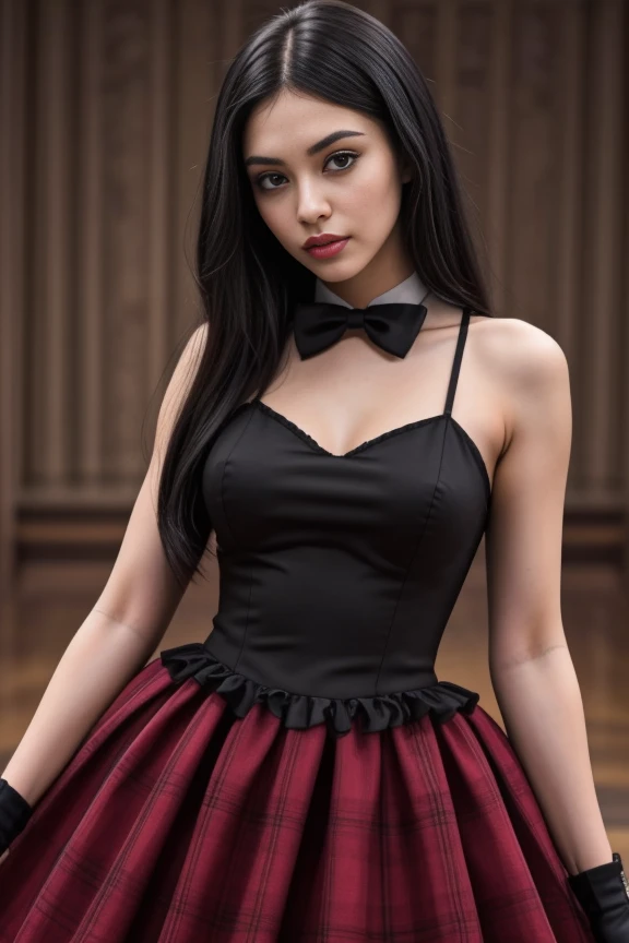 1woman, black hair, center parted long hair, realistic, masterpiece, high detailed skin, wearing random dress, looking at viewer, indoor view, solo
<lora:2023_Long_Dress_By_Stable_Yogi:1> pink halterneck long dress, straps, elbow gloves, neck bow tie, plaid long skirt