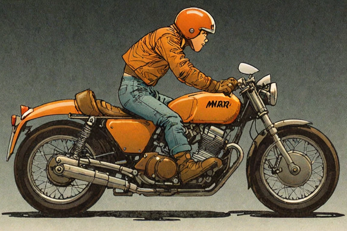 Comic panel illustration of a man on a motorcycle, profile, side view, full body , akira style <lora:Akira_Style_XL>