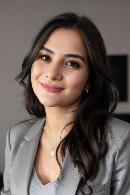 Portrait photo of n4nd4gu4rd14n woman, (light bokeh)++, (gray blazer)+, detailed face, in a bedroom, makeup, smile