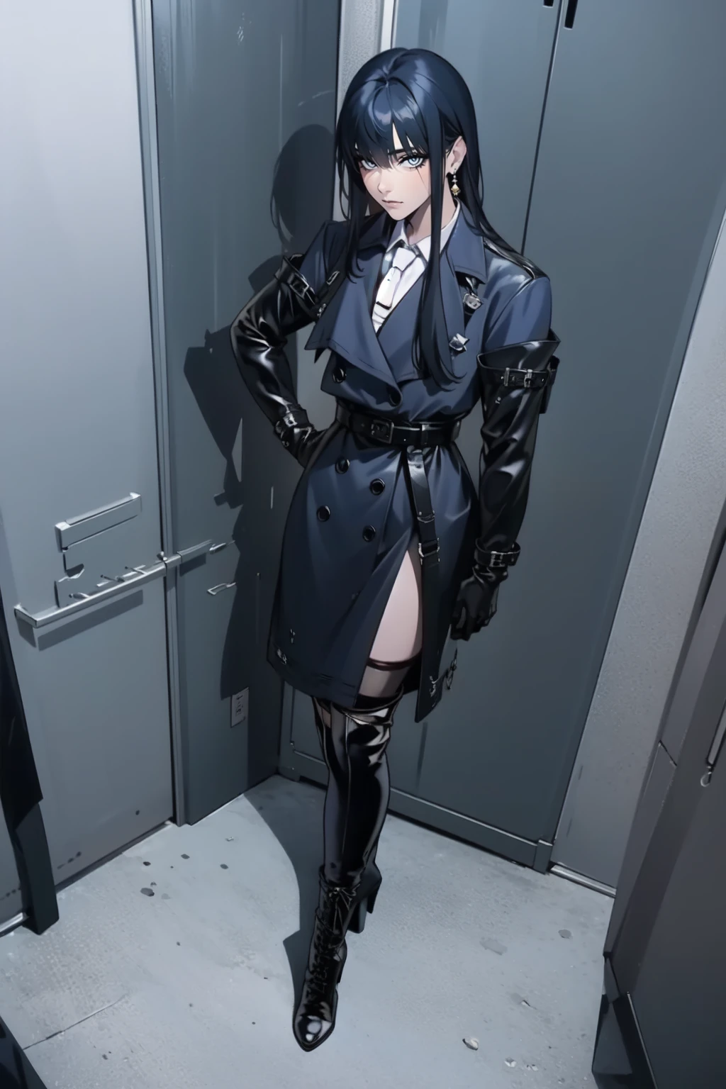(full body:1.3),1girl,solo,collared shirt,thigh boots,uniform,white necktie,coat,elbow gloves,belt,grey clothes,jewelry,earrings,(thighhighs under boots),looking at viewer,hand on hip,lace-up boots,<lora:ProjectRohu-000008:1>,rohu,hair,<lora:elevator_v0.4-locon-000007:1>,elevator,lace-up boots,high heel boots,block heels,watari shinji,quarter view,three-quarter view, dramatic angle, cinematic angle,