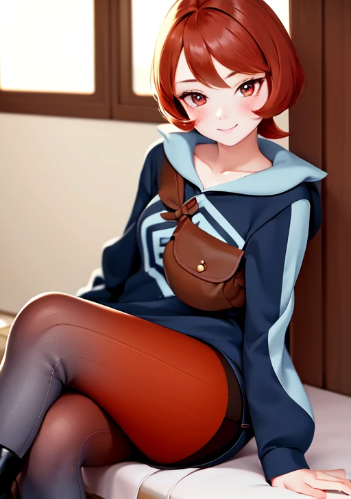 <lora:arezu:0.7> arezu, 1girl, looking at viewer, blush, smile, short hair, bangs, brown hair, red eyes, long sleeves, brown eyes, sitting, closed mouth, collarbone, jacket, pantyhose, boots, shorts, shiny, indoors, hand up, hood, blurry, shiny hair, eyelashes, pokemon (creature), crossed legs, legwear under shorts, brown bag, cowlick, pantyhose under shorts, gradient legwear