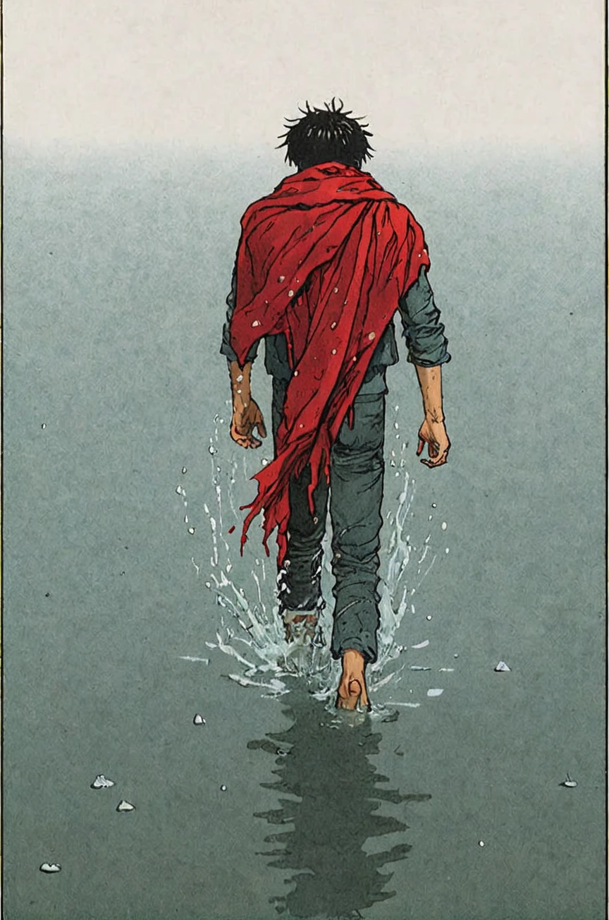 Comic panel illustration of a man walking through the water with a ragged red scarf, akira style <lora:Akira_Style_XL>