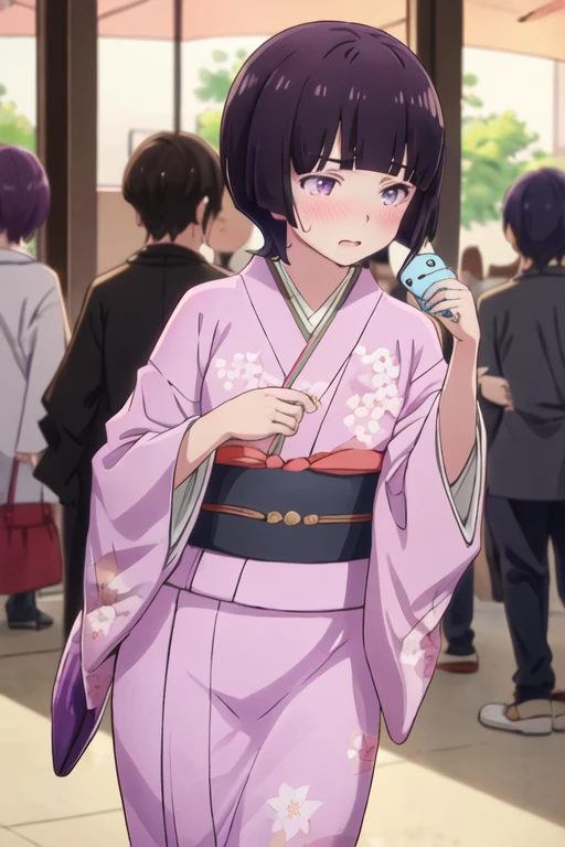 best quality, masterpiece, highres, solo, {senju_muramasa_eromangasensei:1.15}, short_hair, blush, purple_hair, bangs, blunt_bangs, purple_eyes, black_hair, 1girl, cellphone, holding, holding_phone, japanese_clothes, kimono, phone, sweatdrop, smartphone, bandages