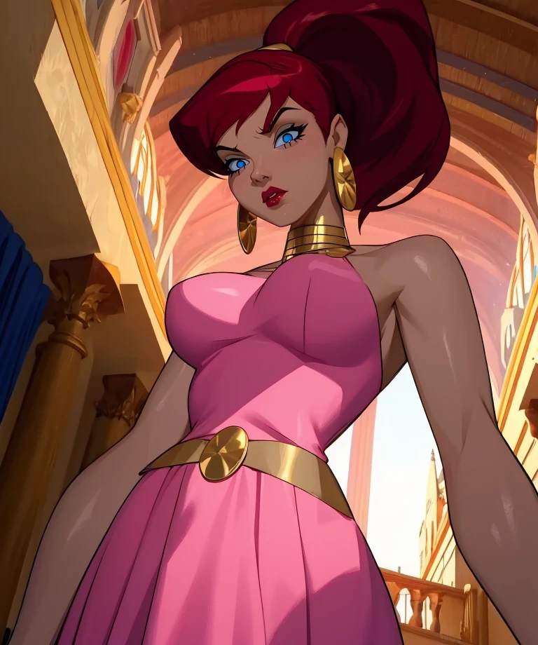 Giganta,red hair,ponytail,blue eyes,lips,
pink dress,gold jewelry,gold belt,
solo,standing,serious,from below,
island,
(insanely detailed, beautiful detailed face, masterpiece, best quality) cinematic lighting,<lora:Giganta-10DCJ:0.8>,