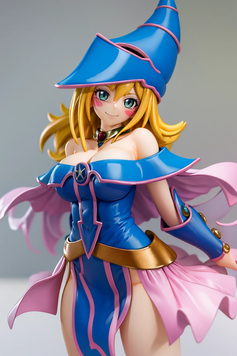 <lora:Anime_Figure:1>, figure, ((masterpiece,best quality)), absurdres, <lora:dark_magician_girl_v1:0.7>, hmdmg1, wizard hat, blush, blush stickers, cleavage, bare shoulders, dress, off shoulder, solo, smiling, looking at viewer, cowboy shot,
