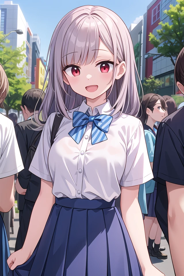 insanely detailed, absurdres, ultra-highres, ultra-detailed, best quality,
1girl, solo, nice hands, perfect hands
BREAK
summer school uniform with indigo blue bowtie, (short sleeves, dark blue skirt, pleated skirt:1.3), (indigo blue:1.3) bowtie, (white shirt:1.3), shirt with white button, (skirt with many pleats:1.4), plain shirt, plain skirt, (striped bowtie:1.3), shirt_tucked_in ,
BREAK
happy smile, laugh, open mouth, standing,
(45 angle:-1.5), (from side:-1.5),
cute pose, cowboy shot,
BREAK
slender, kawaii, perfect symmetrical face, ultra cute girl, ultra cute face, ultra detailed eyes, ultra detailed hair, ultra cute, ultra beautiful,
BREAK
in harajuku, shibuya, tokyo, street, crowd, cityscape,
BREAK
medium large breasts,
(grey hair, red eyes),