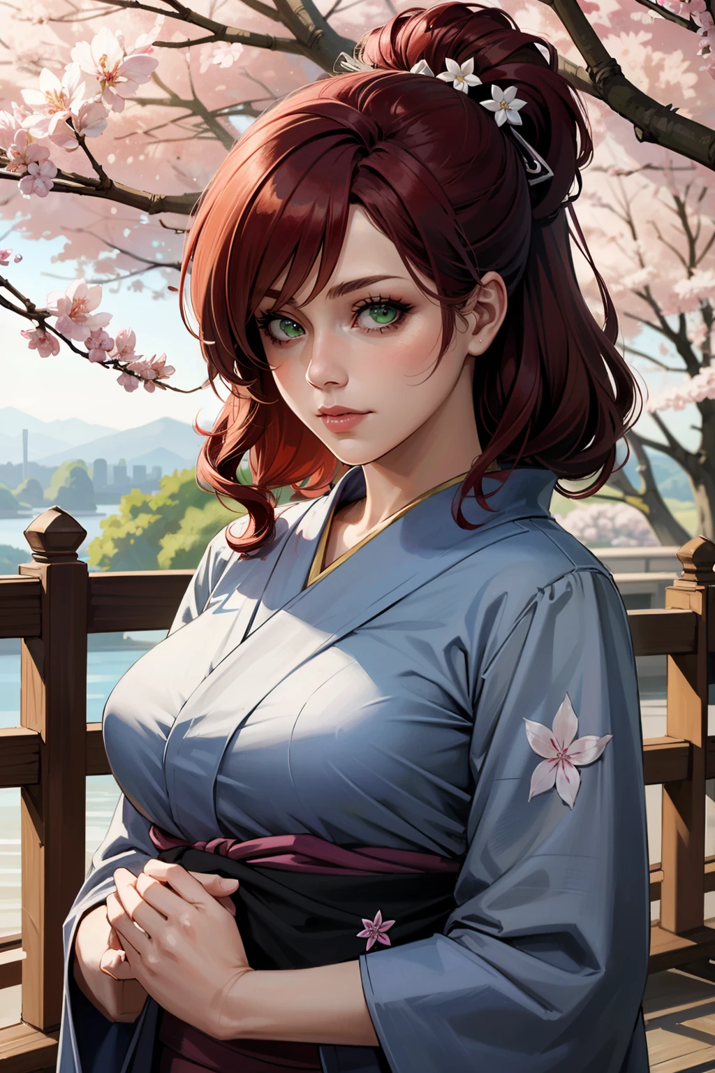 ((ultra detailed, masterpiece, best quality))
<lora:ACUElise:0.9>
ACUElise, 1girl, solo, red hair, green eyes, yukata, japan, cherry blossoms, hair ornament