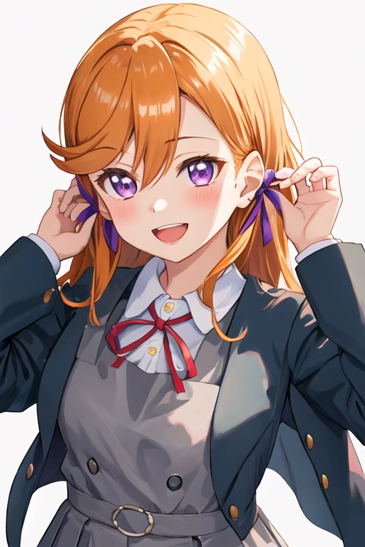 best quality, masterpiece, highres, solo, {shibuya_kanon_lovelivesuperstar:1.15}, orange_hair, bangs, purple_eyes, long_hair, smile, blush, ribbon, open_mouth, neck_ribbon, red_ribbon, medium_hair, shiny_hair, 1girl, :d, blue_jacket, collared_shirt, dress, grey_dress, hair_between_eyes, jacket, looking_at_viewer, open_clothes, open_jacket, pinafore_dress, school_uniform, shirt, simple_background, white_background, white_shirt, yuigaoka_school_uniform, long_sleeves, shiny, teeth, upper_body
