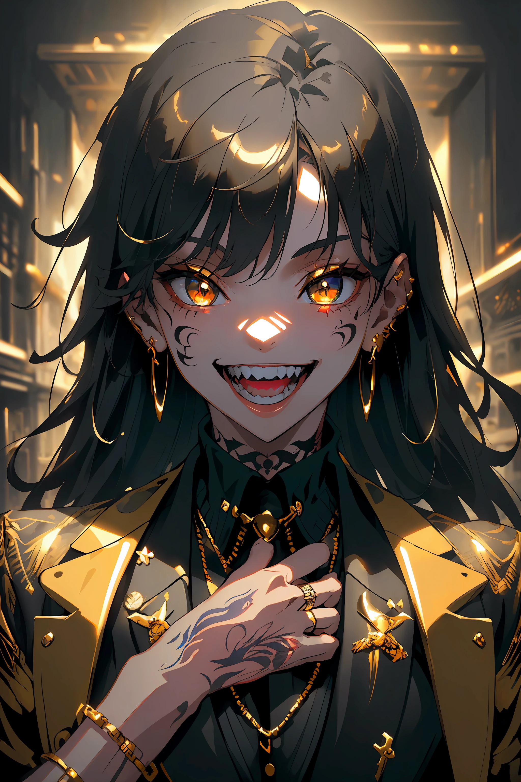 (ultra-detailed), (masterpiece), (best quality), (depth of field), (sharp focus), (cinematic lighting), (vibrant colors), <lora:BlingBling:1>, 1girl, golden jewelry, suit, confident, crazy smile, tattoos