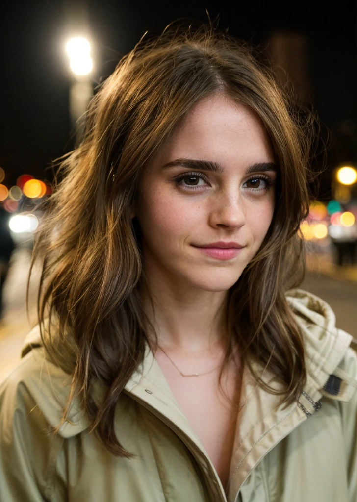 <lora:emwts-long hair-medium length hair-brown hair-smile-collected hair21:1> emwts, brown hair,medium length hair,close-up,canon powershot,extreme dof,wearing parka,city street,bokeh,soft lighting,masterpiece,(nighttime:1.3) ,<lora:add_detail:1> (add_detail:1.3)